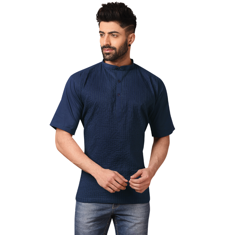 Men Navy Blue Rayon Short Sleeves Kurta Shirt Q0508