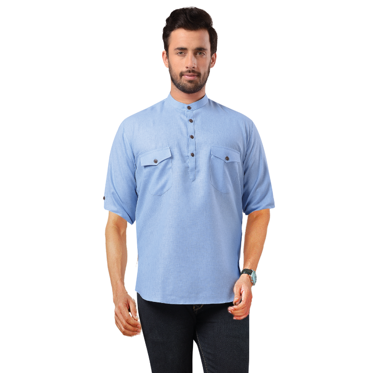 Men Polyester Blue Chest Pocket Short Sleeves Kurta Shirt Q1072