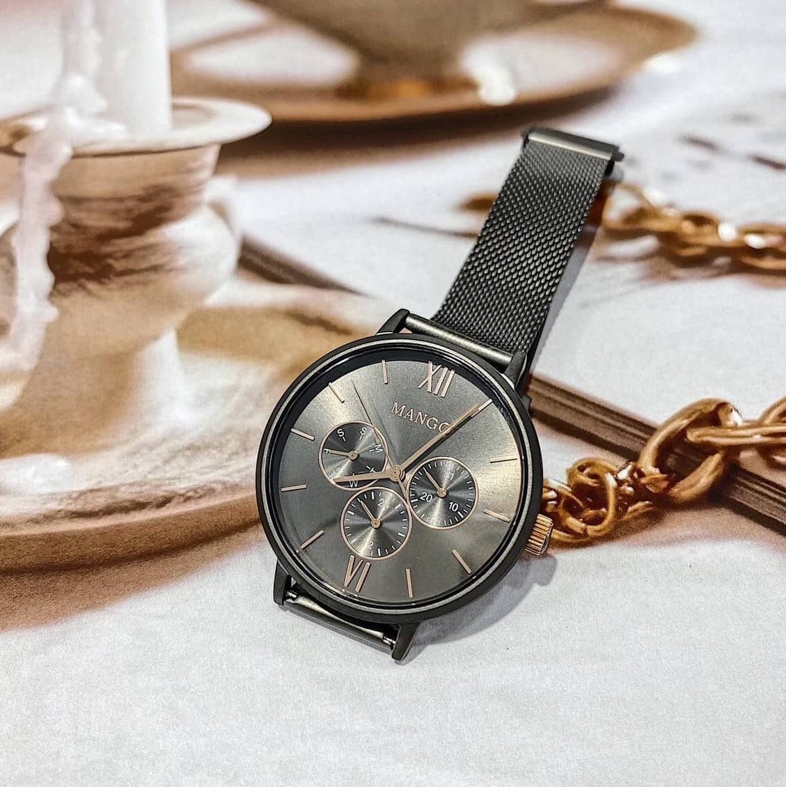 【MANGO】簡約三眼時尚米蘭帶腕錶 槍x灰 MA6766L-GY 38mm 現代鐘錶