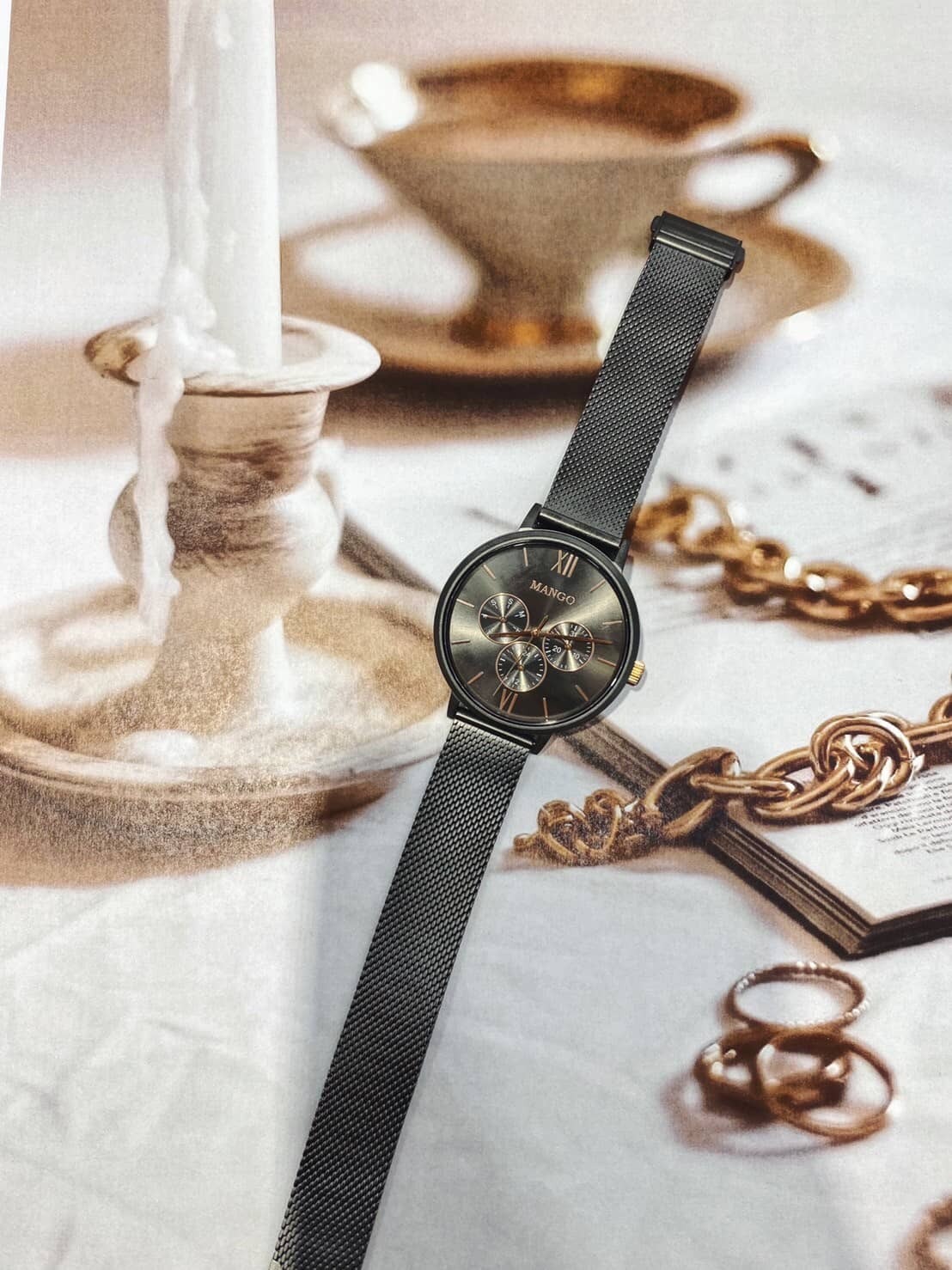 【MANGO】簡約三眼時尚米蘭帶腕錶 槍x灰 MA6766L-GY 38mm 現代鐘錶