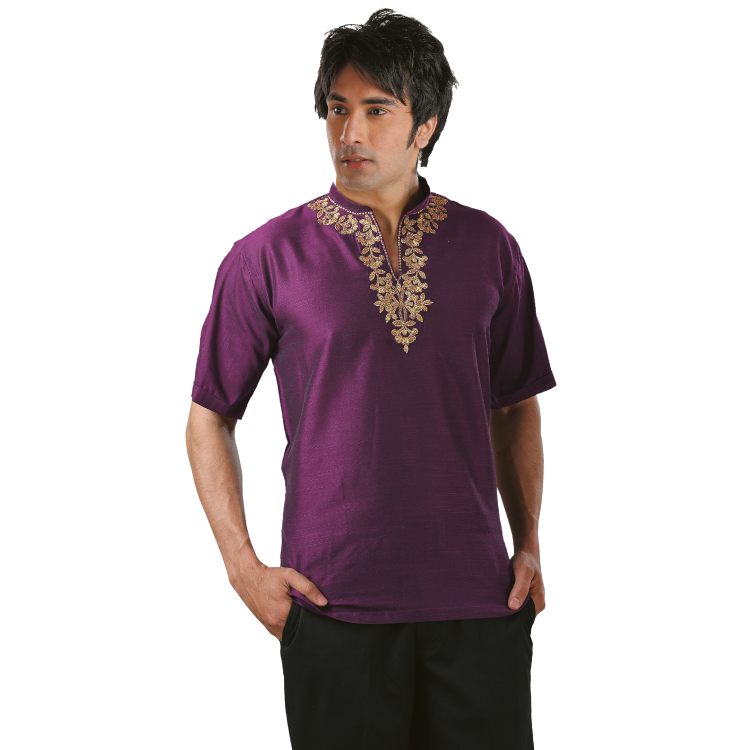 Men Dark Purple Silk Short Jippa with gold embroidered /Short Sleeves / Kurta Shirt For Men D9325