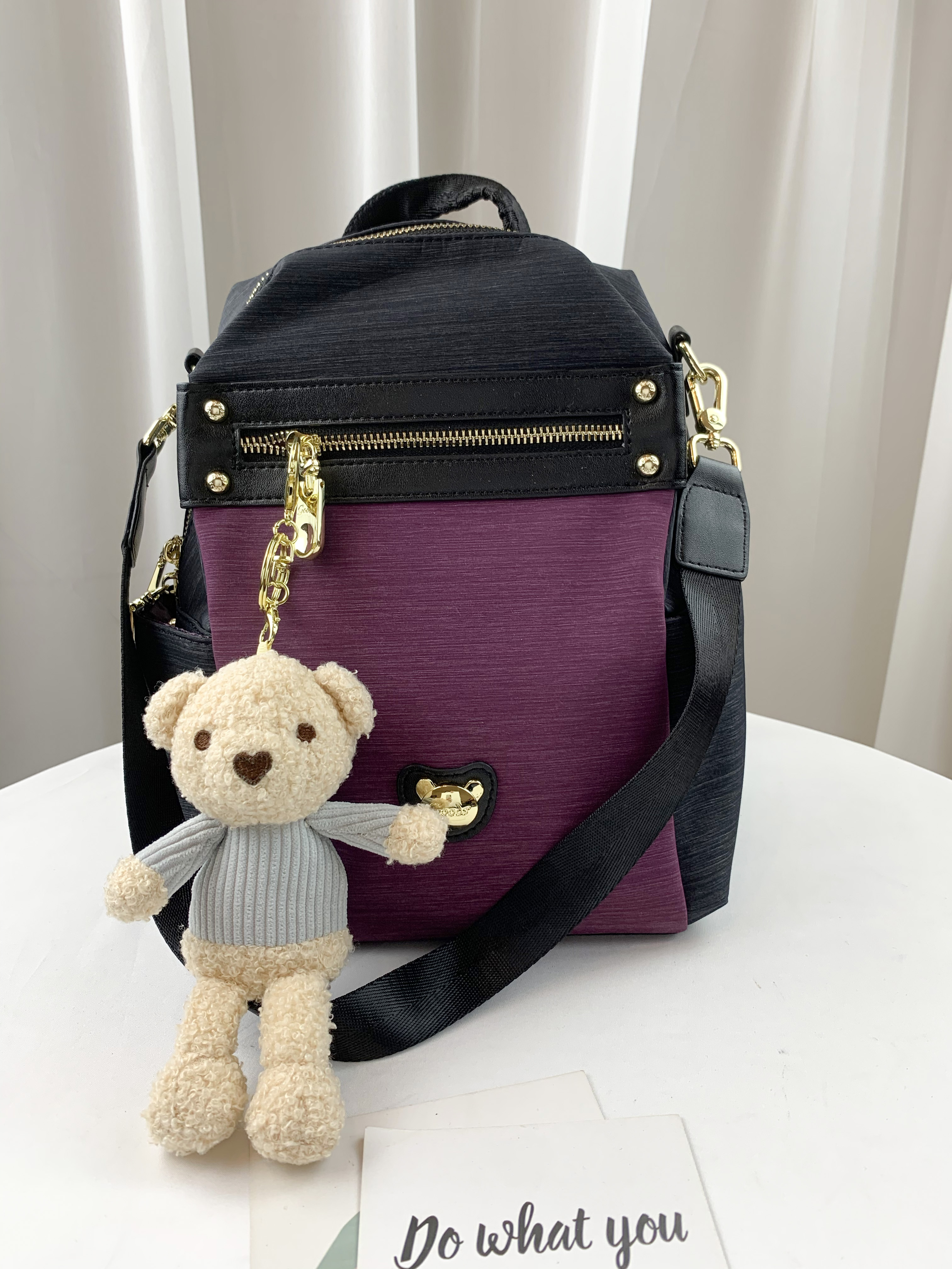 GOODS 黑紫拼色 防潑水後背包 / 側背包 附小熊吊飾 #2653