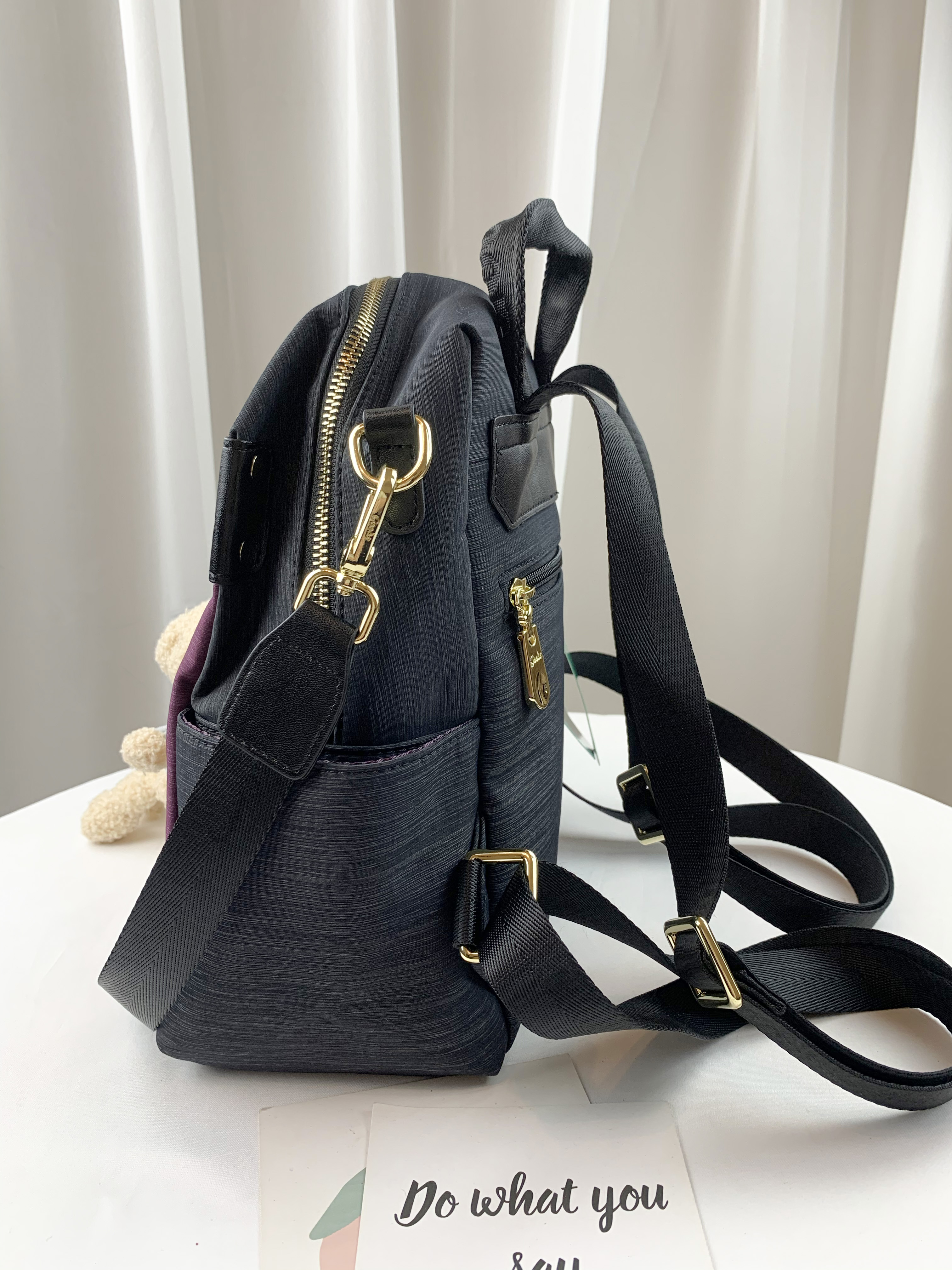 GOODS 黑紫拼色 防潑水後背包 / 側背包 附小熊吊飾 #2653