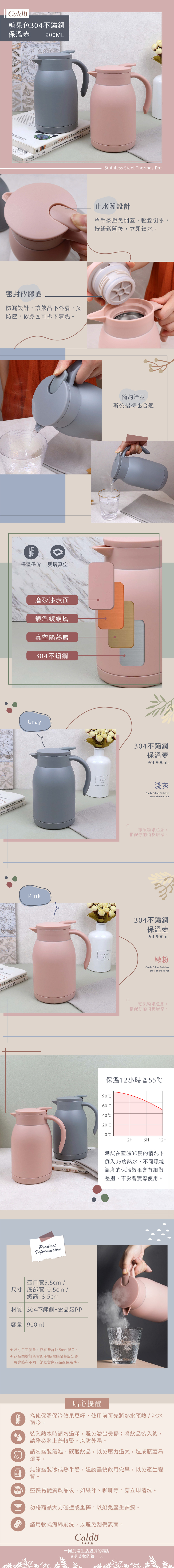 糖果色304不鏽鋼保溫保冷壺，容量900毫升，有灰/粉兩色，適合可愛的你！