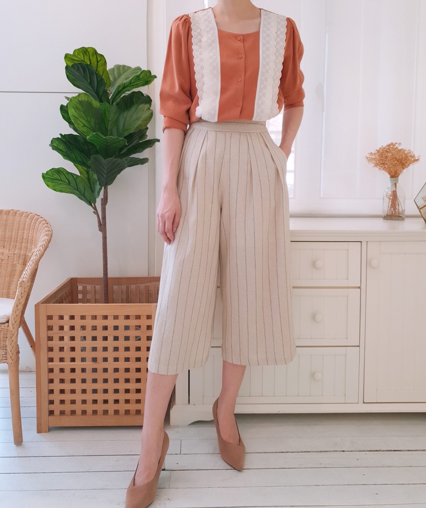 KOREA STRIPES HIGH WAIST LINEN CULOTTES
