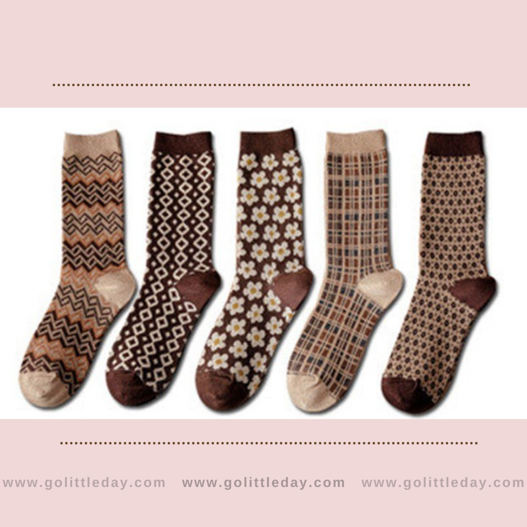 韓國復古英倫風棕色女裝中筒襪 | 一套五對 | 波紋 |小菱形 | 方格 (逢星期日截單後7-14個工作天發貨)