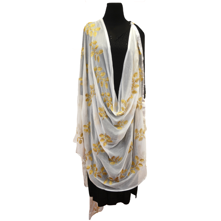 Women White Chiffon Full Length Gold Foil Dupatta10