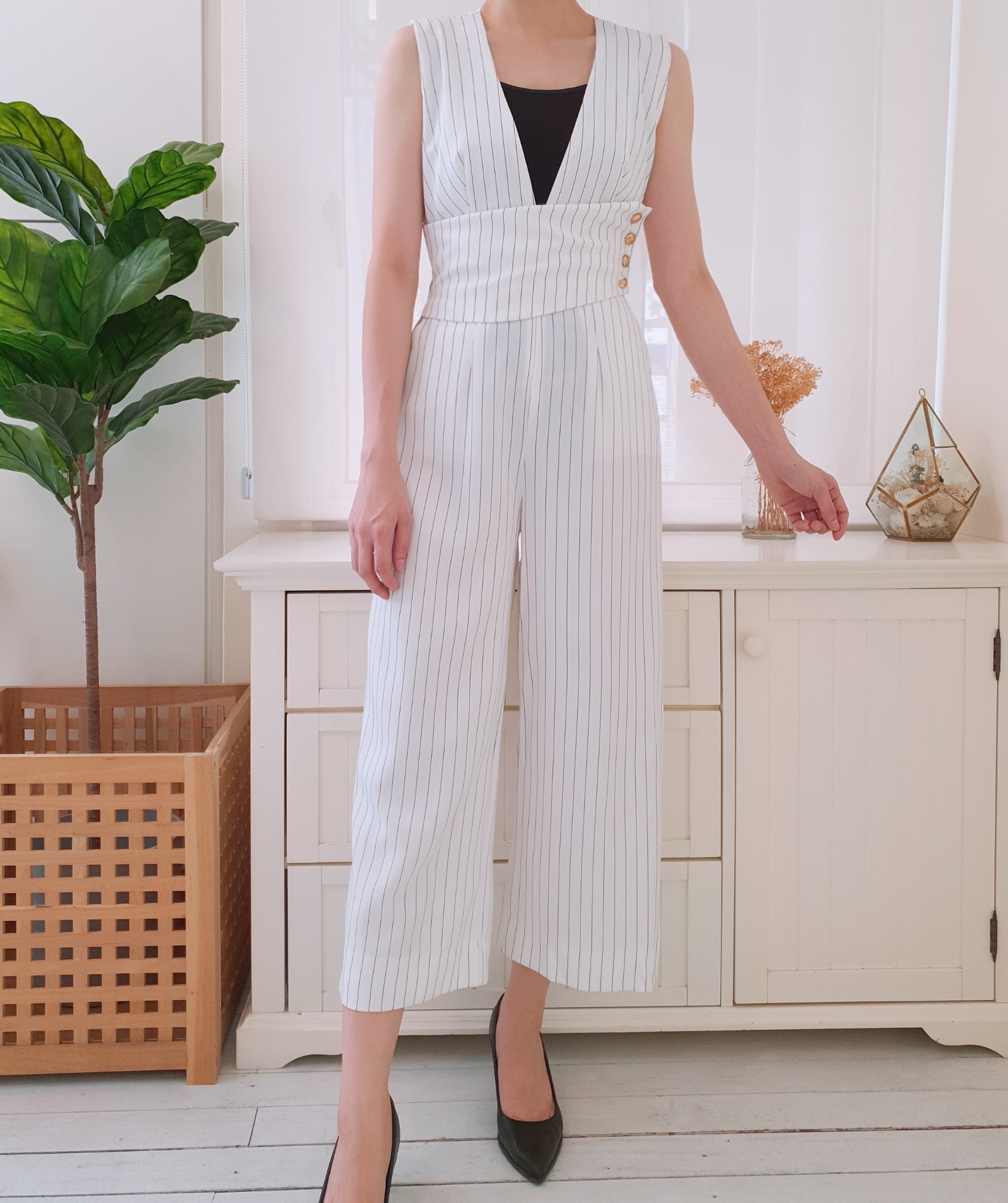 STRIPED BUTTON FRONT ZIP LONG JUMPSUIT