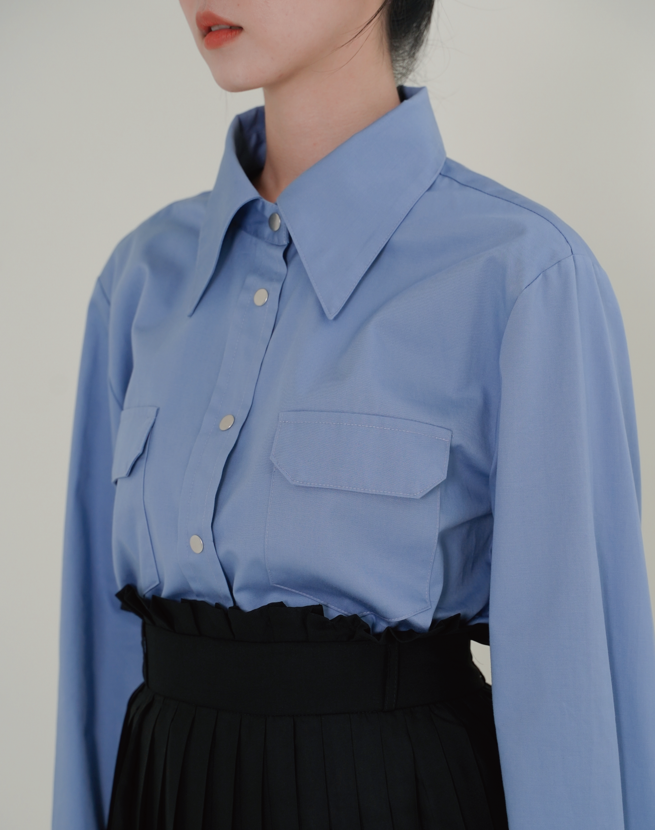 尖領綁帶長版襯衫 (海軍藍)