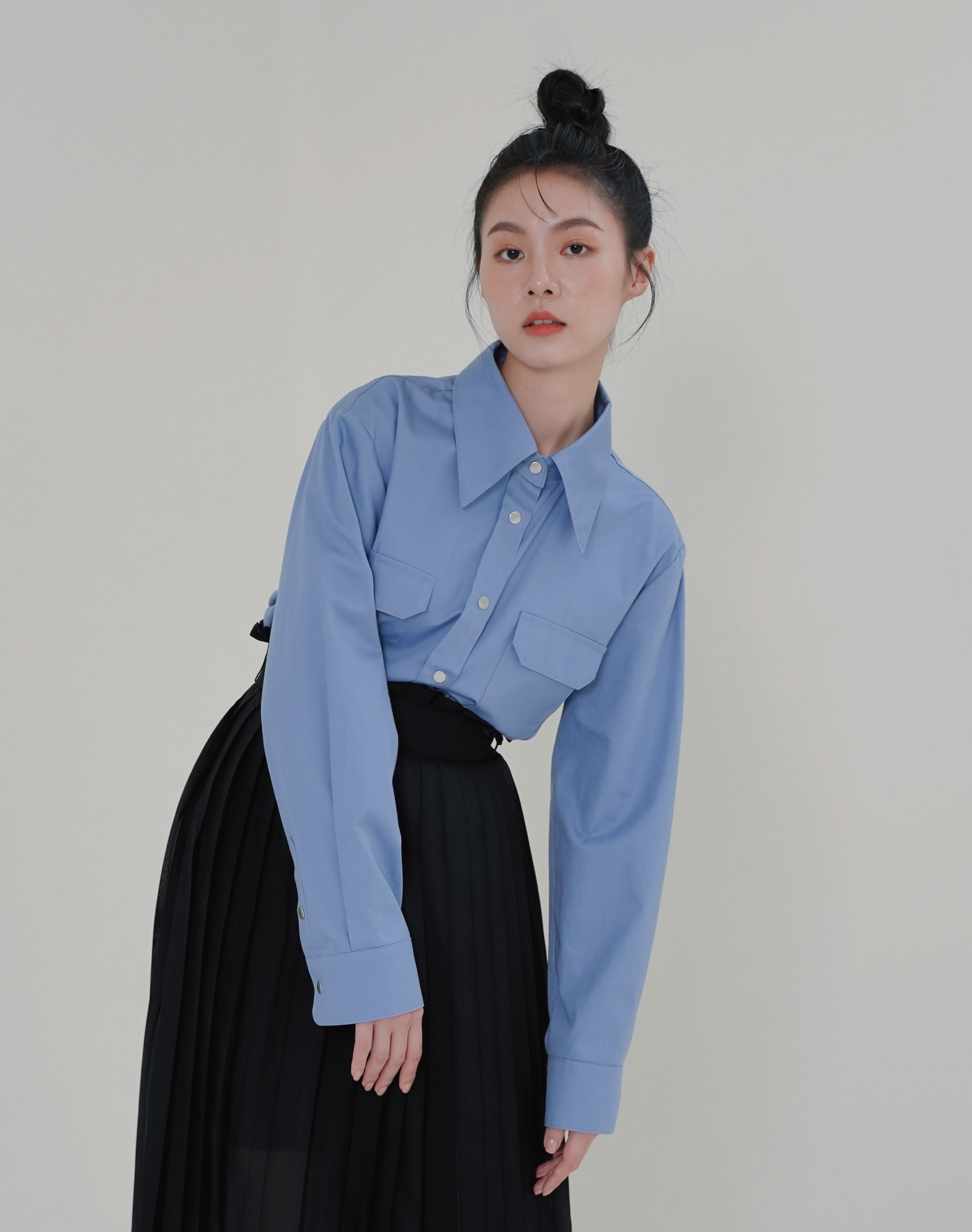 尖領綁帶長版襯衫 (海軍藍)