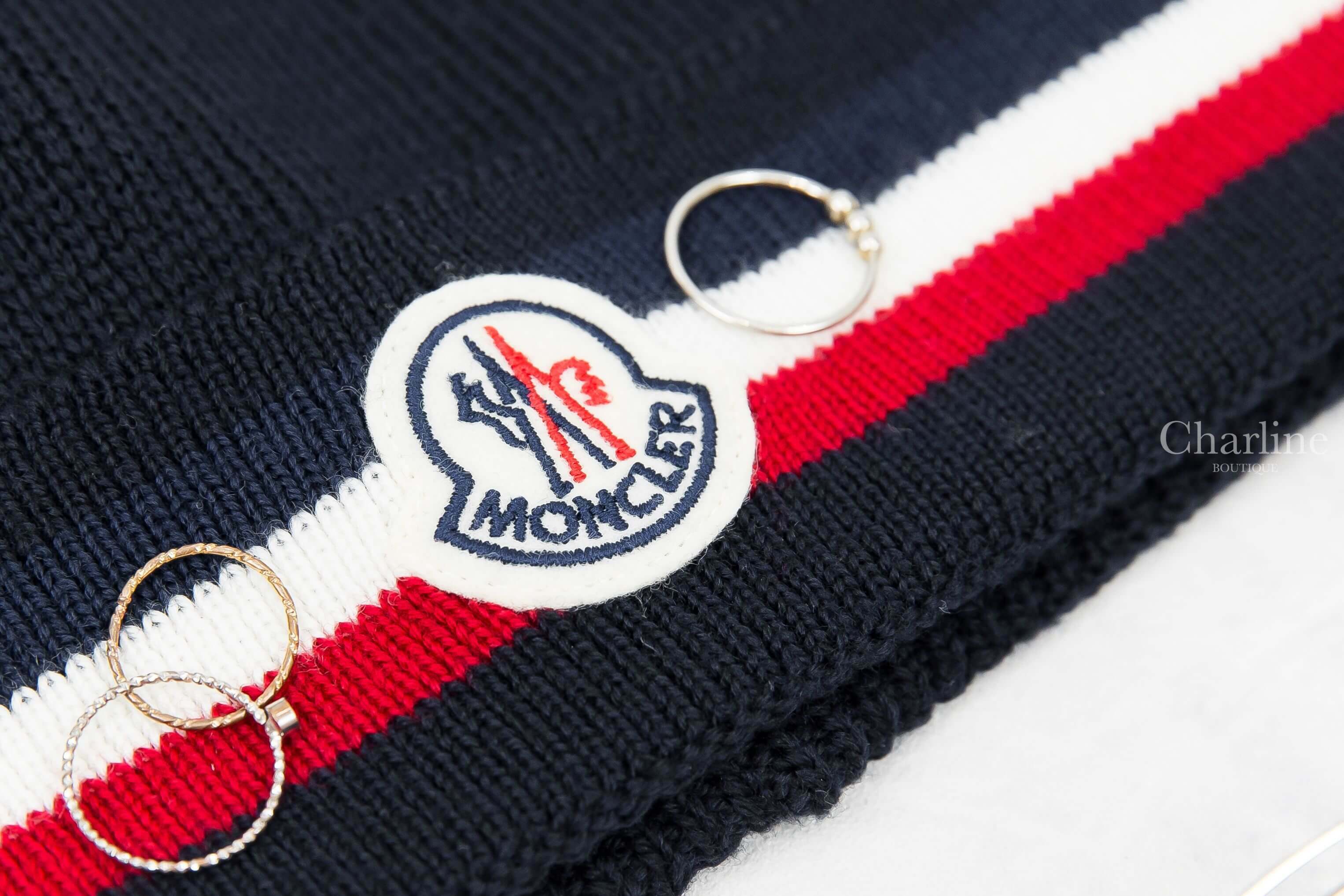 Moncler Tricolor Beanie 夜藍色電繡Logo紅白線條羊毛毛帽
