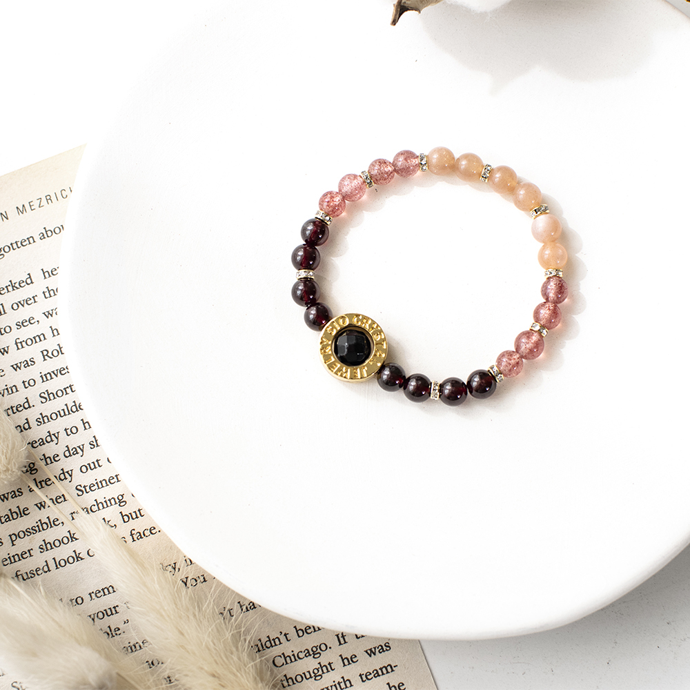 能量手鍊【紅酒乾酪】石榴石草莓晶太陽石黑瑪瑙手鍊