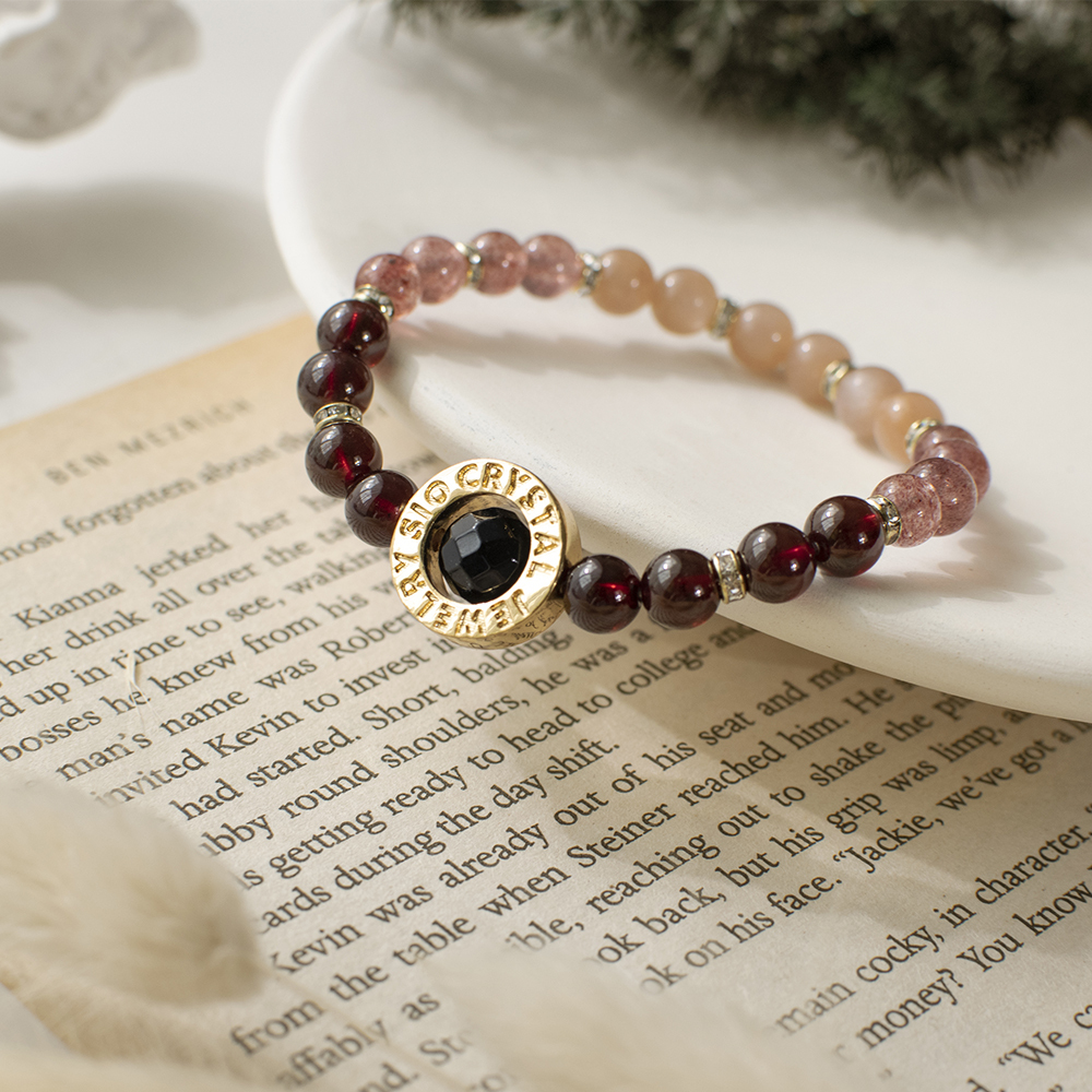 能量手鍊【紅酒乾酪】石榴石草莓晶太陽石黑瑪瑙手鍊