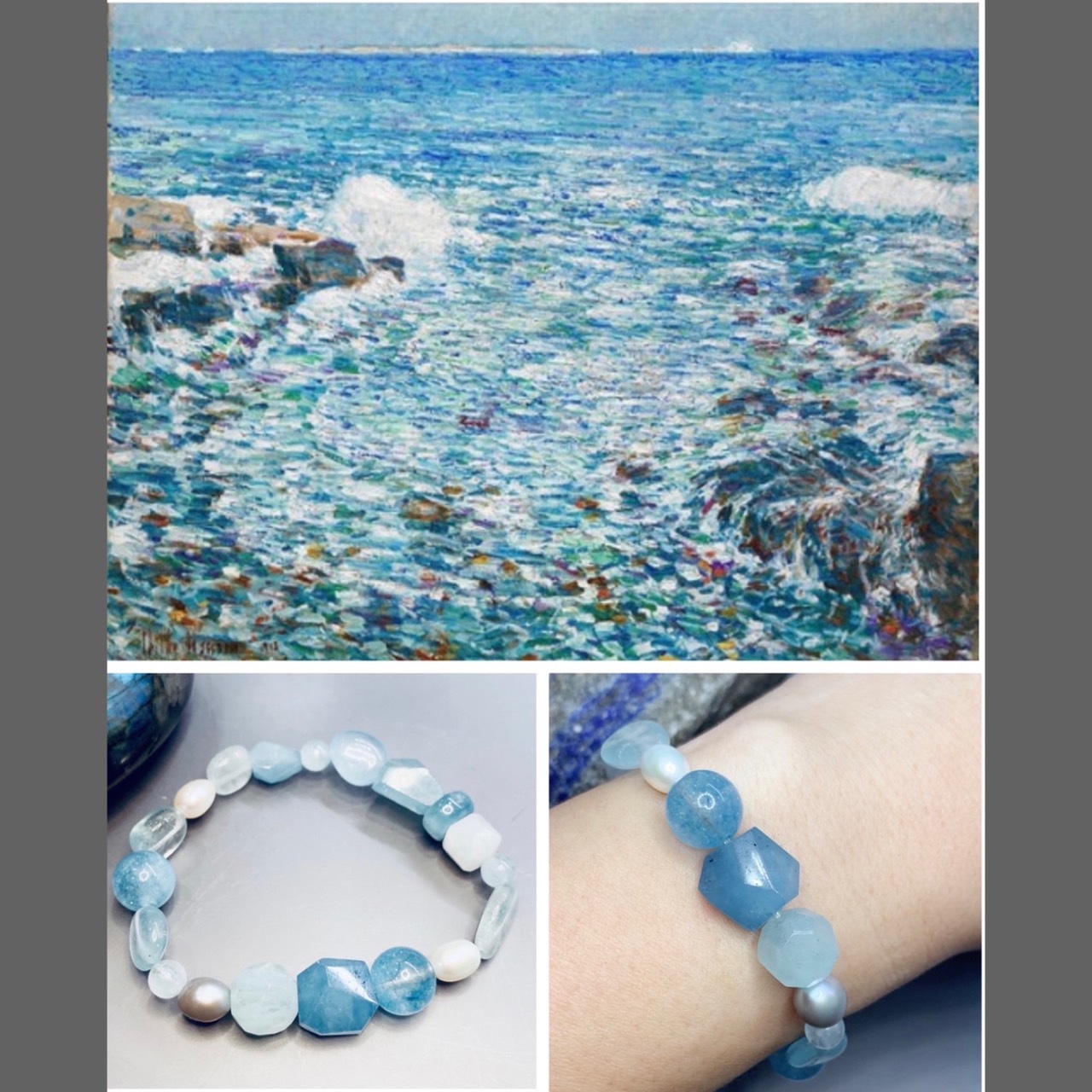 世界名畫系列_淺灘小島的浪花丨勇氣與愉悅丨海藍寶丨三月誕生石
