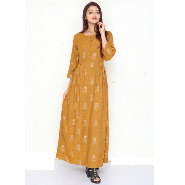 Women Diamond Slub Gold Print Flair Kurti Maxi Gown Q1419