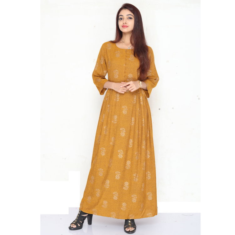 Women Diamond Slub Gold Print Flair Kurti Maxi Gown Q1419