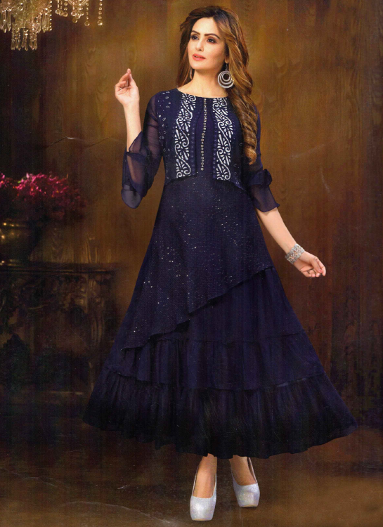Women Navy Blue Soft Cool Rayon Sequins Gown Dress LJE1325