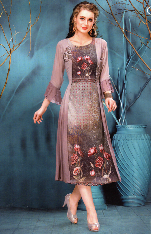 Women Brown Floral Soft Cool Rayon Ruffle Sleeves Mid Kurti Jippa Top Blouse Dress LJE1325