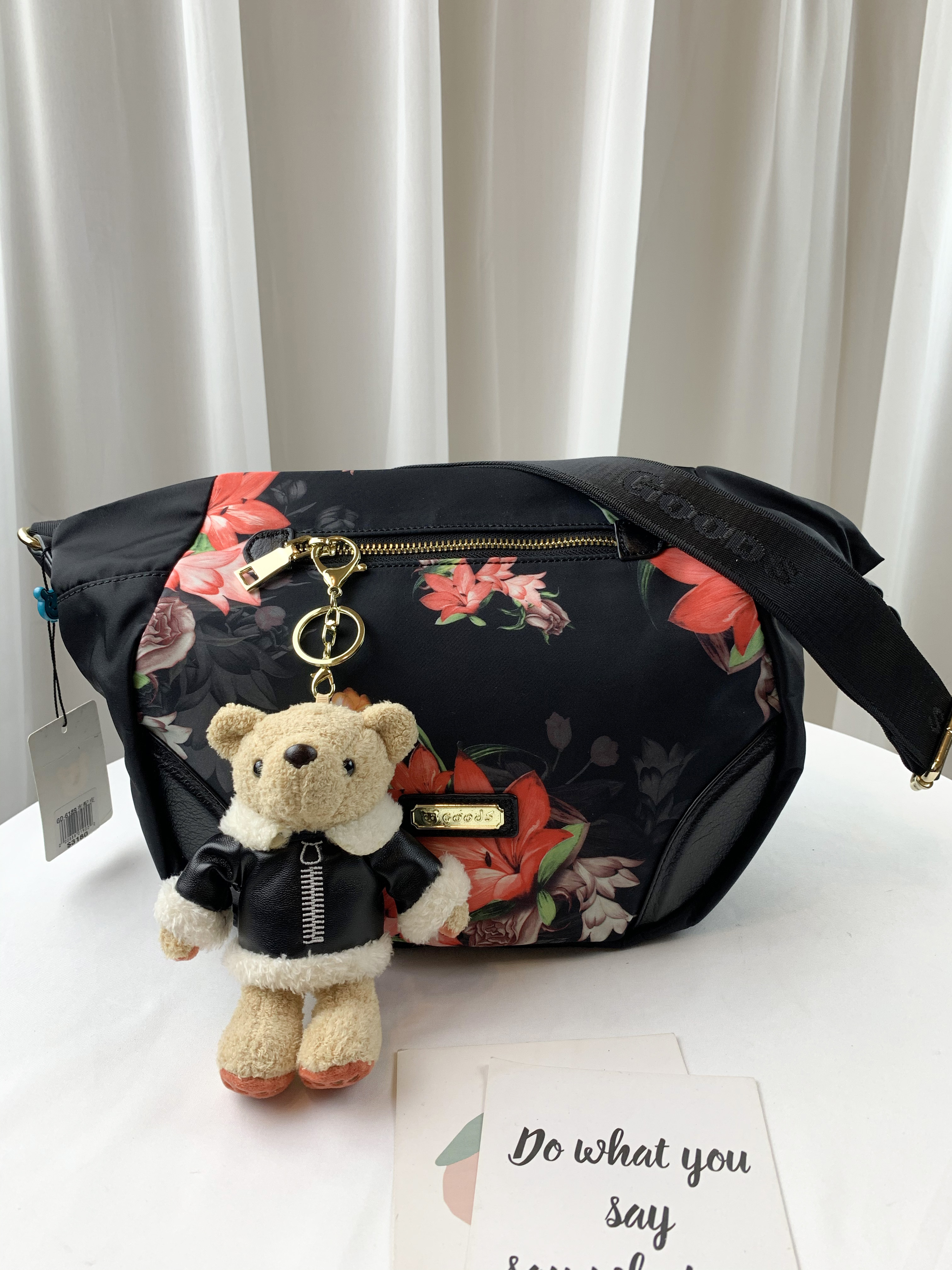 GOODS 繽紛花朵 尼龍拼接真皮側背腰包  #6189