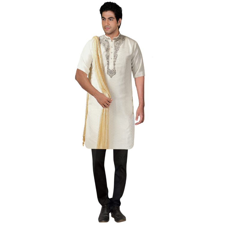 Men White Silk Long Top Short Sleeves Kurta Shirt D8492AB