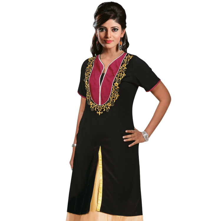 Women Black Koshibo Embroidered On Neckline Straight Long Kurti Top D9618A