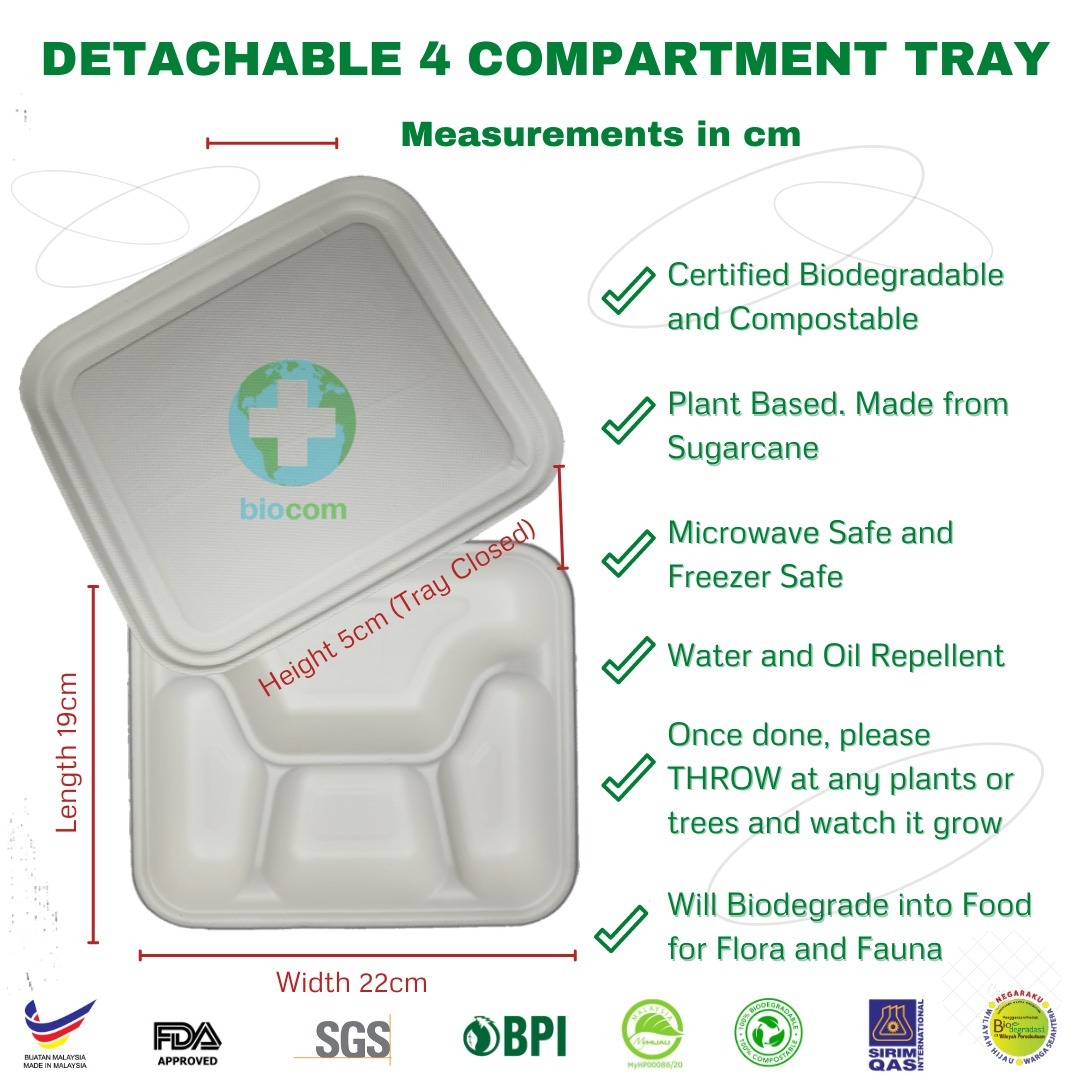 Biodegradable and Compostable Detachable 4 Compartment Lunch Tray