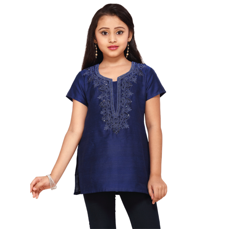 Girls Navy Blue Silk Embroidered Short Kurti Top Q0180