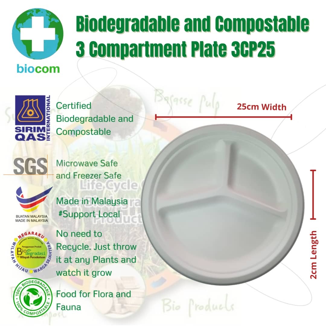 Biodegradable and Compostable 3 Compartment 10" Plate