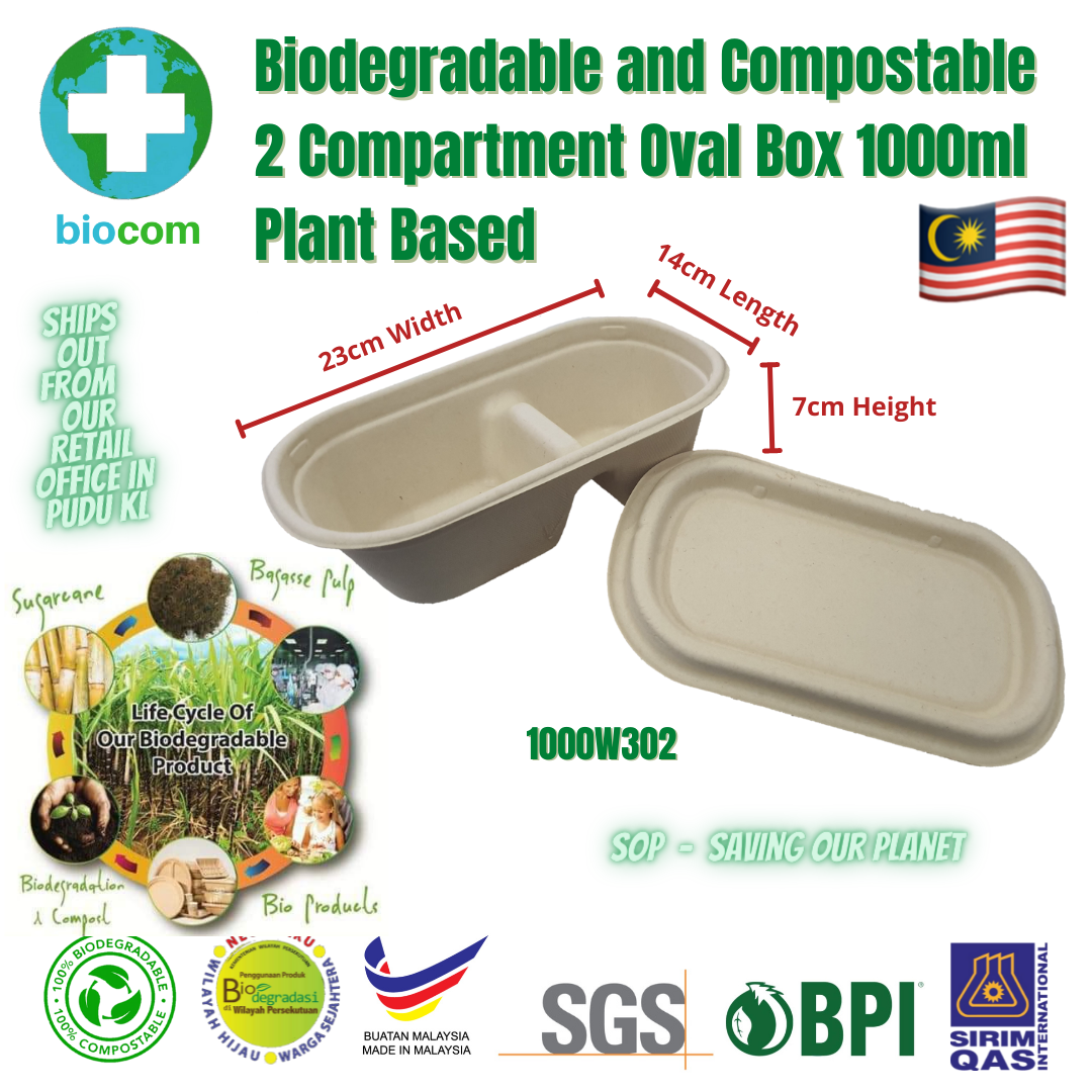 Biodegradable and Compostable 2 Compartment Oval Box 1000ml Model 1000W302