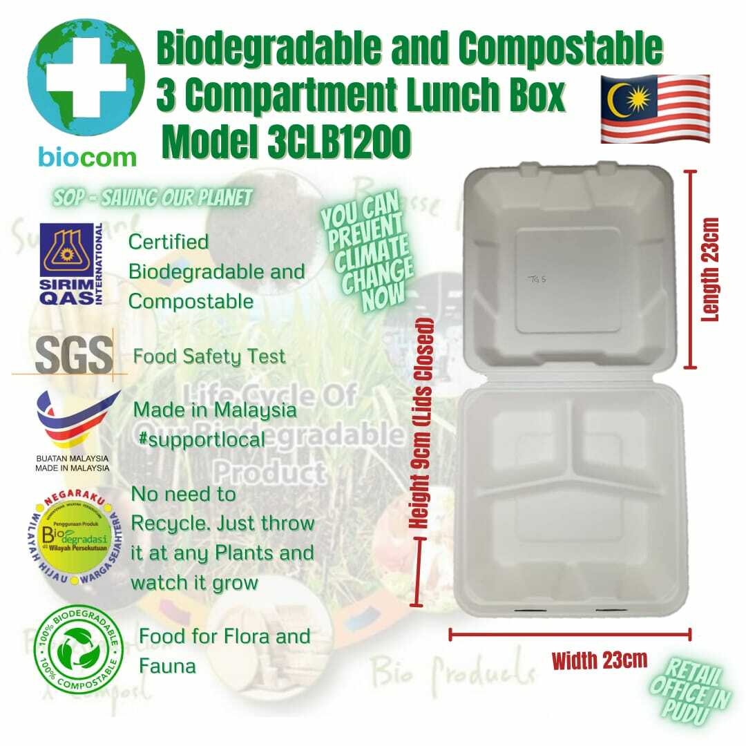 Biodegradable and Compostable 3 Compartment Lunch Box 1200ml Model 3CLB1200