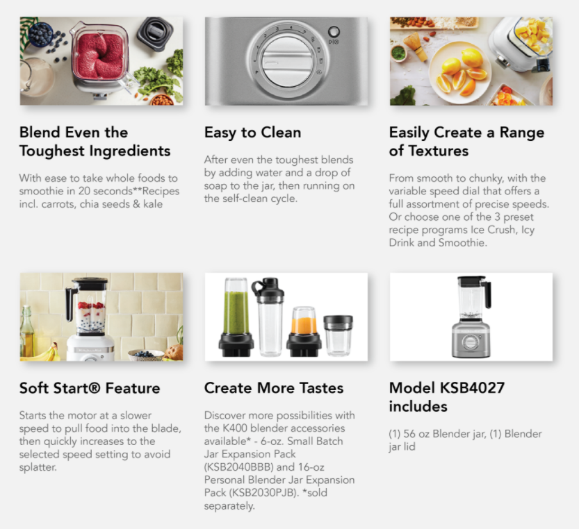 【KitchenAid Variable Speed Blender (K400)】1.66L/56Oz 5KSB4027