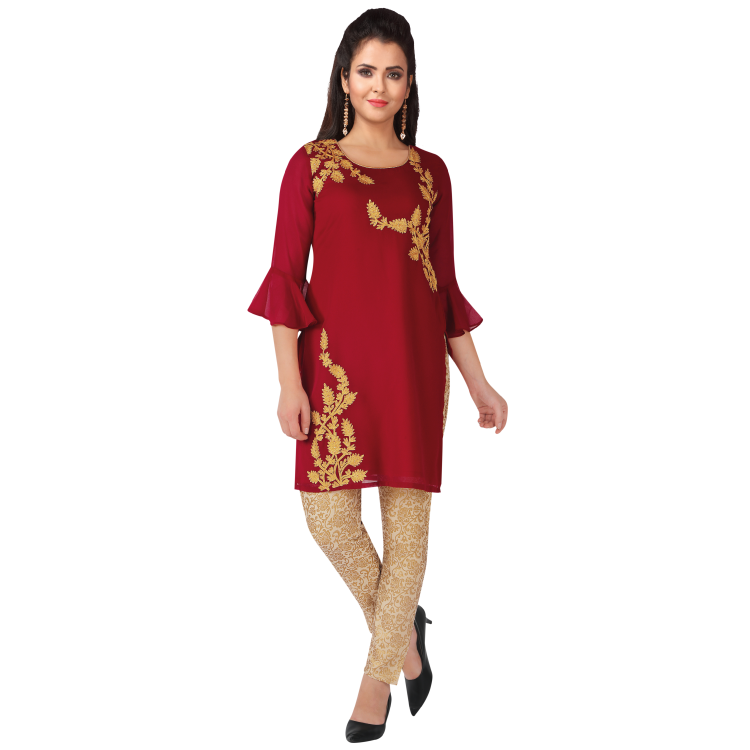 Women red Chiffon Ruffle Sleeve Embroidered Gold Lace Long Kurti Top Only Q0998