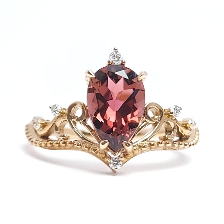 18K 玫瑰金天然鑽石/ 梨形粉紅碧璽戒指