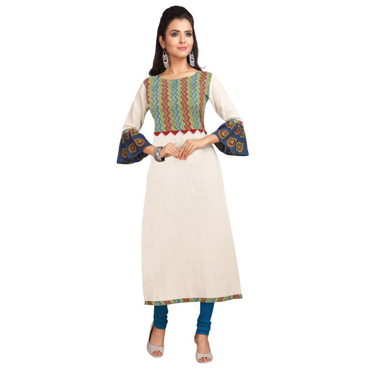 Women White Polyester Ruffle Sleeve Long Kurti Top Only Q1033
