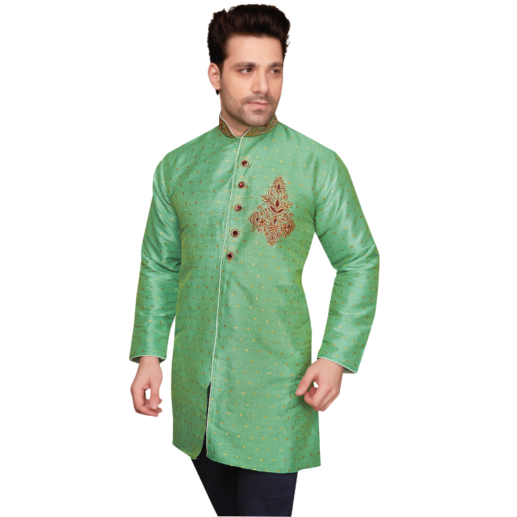 Men Green Silk Chest Embroidered Long Sleeve Kurta Top jippa Q1060