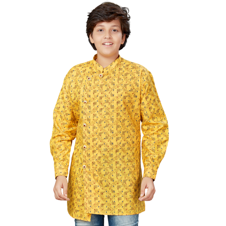 Boy Yellow Polyester Printed Long Sleeve Long Kurta Top Jippa Q1281