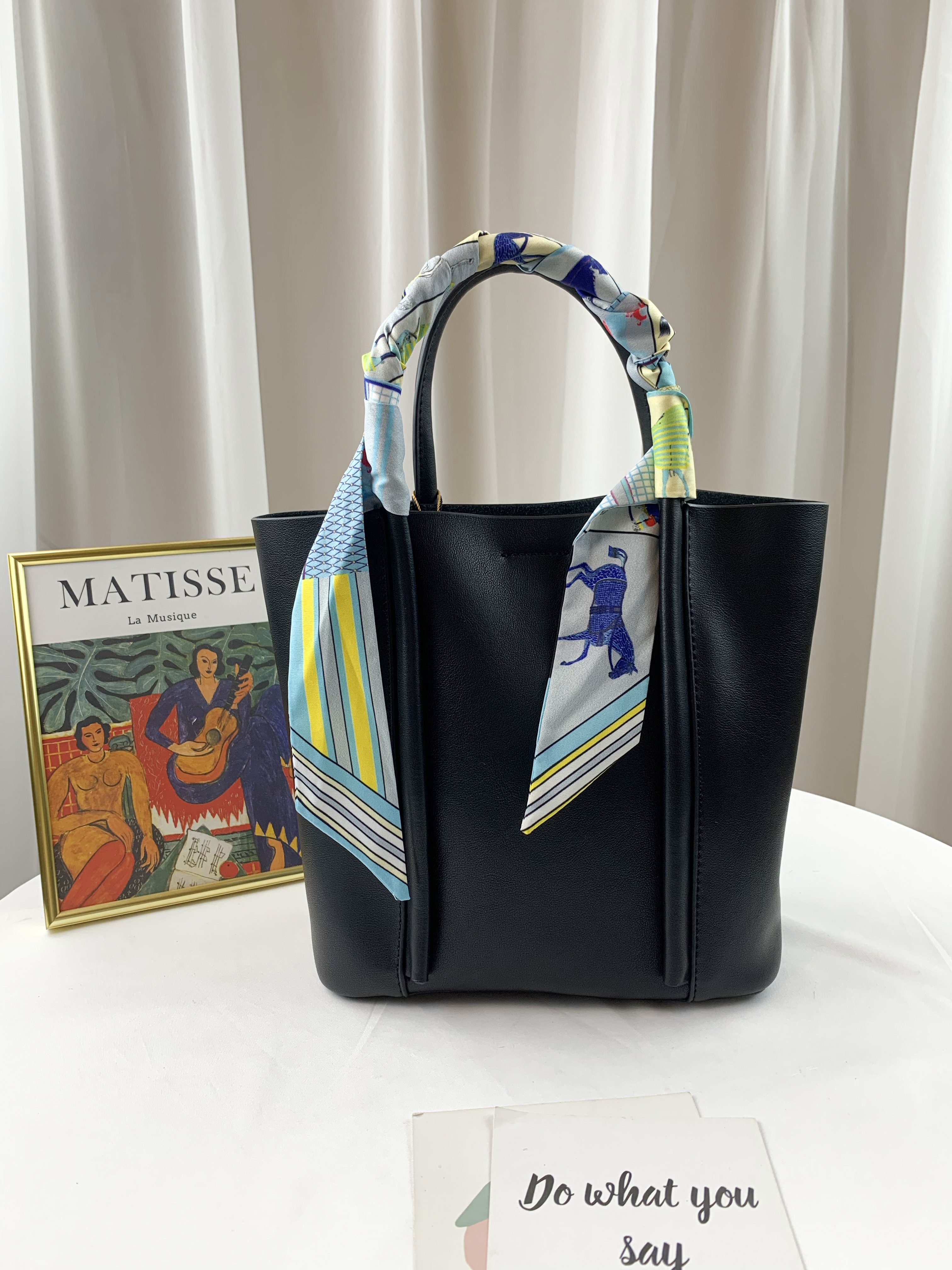 高級黑 真皮牛皮絲巾提把手提包 附袋中袋 #SM-8501