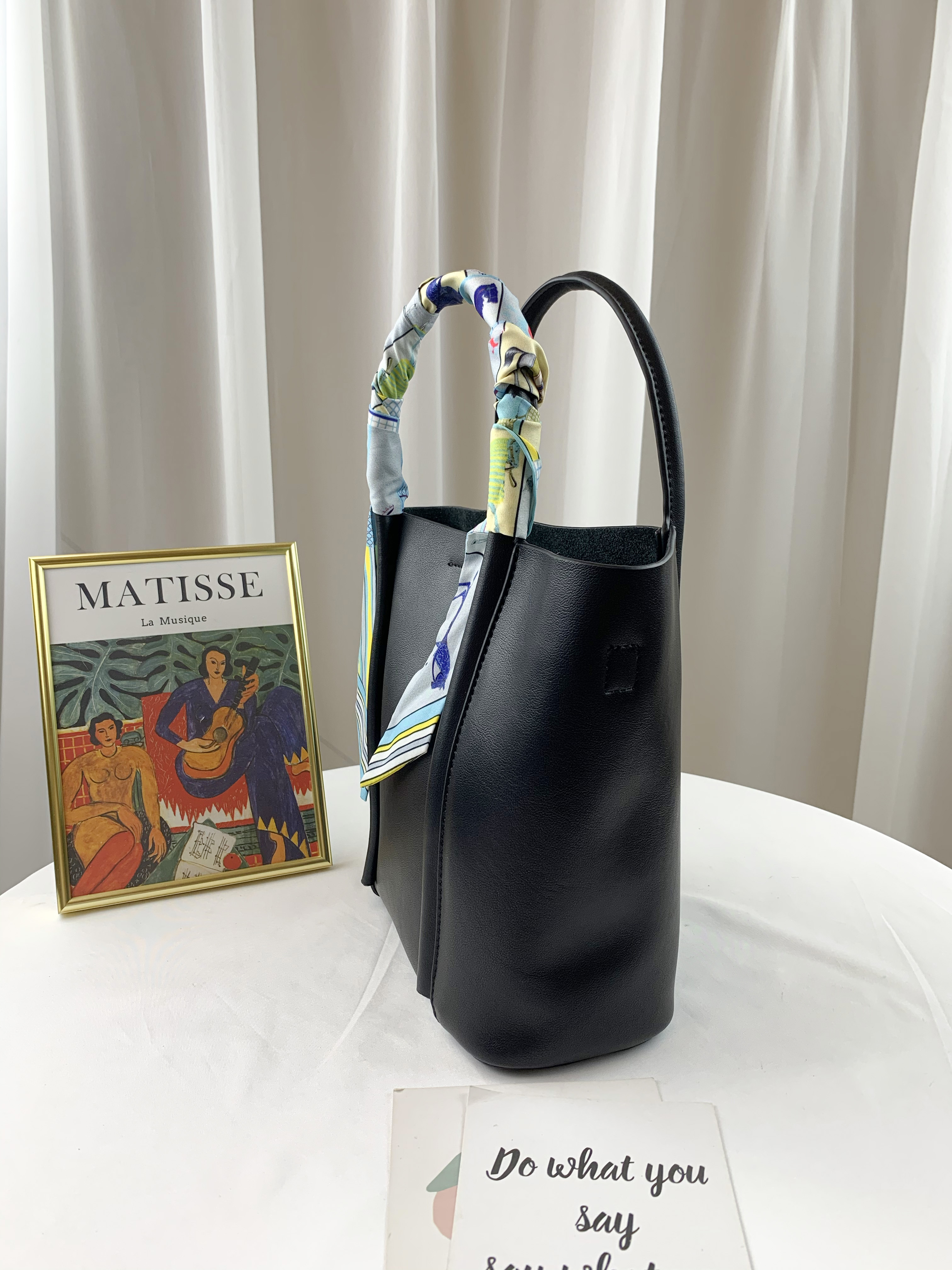 高級黑 真皮牛皮絲巾提把手提包 附袋中袋 #SM-8501