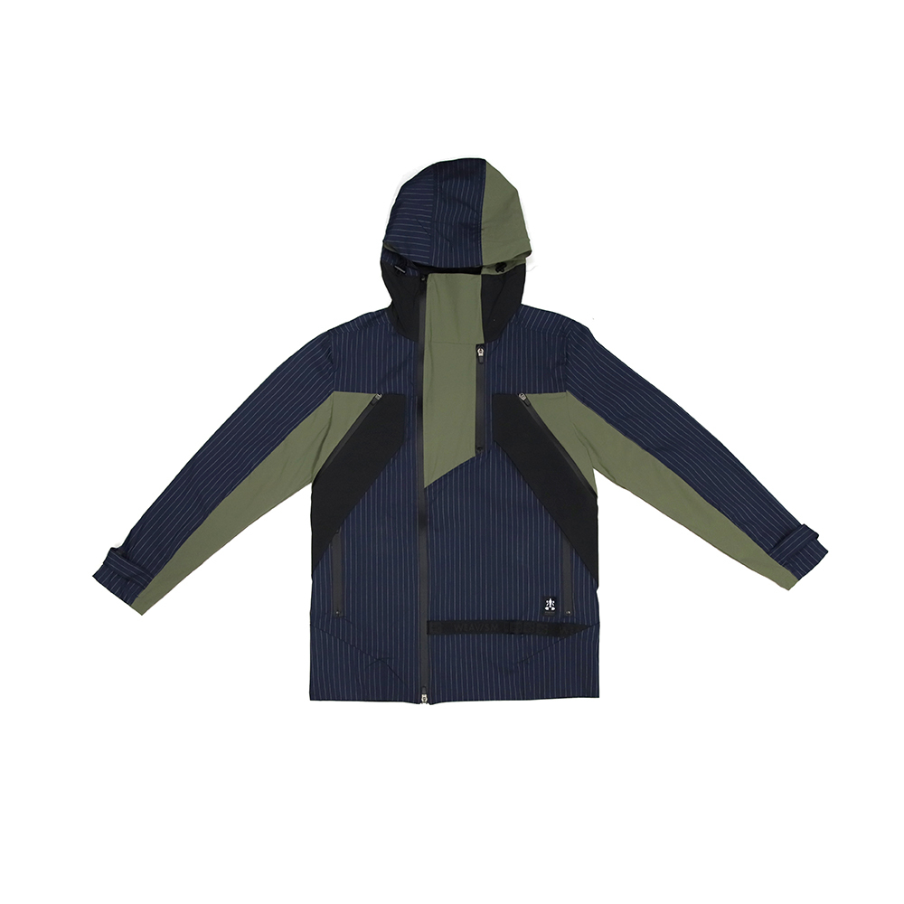 異拼接連帽外套 - 藍條