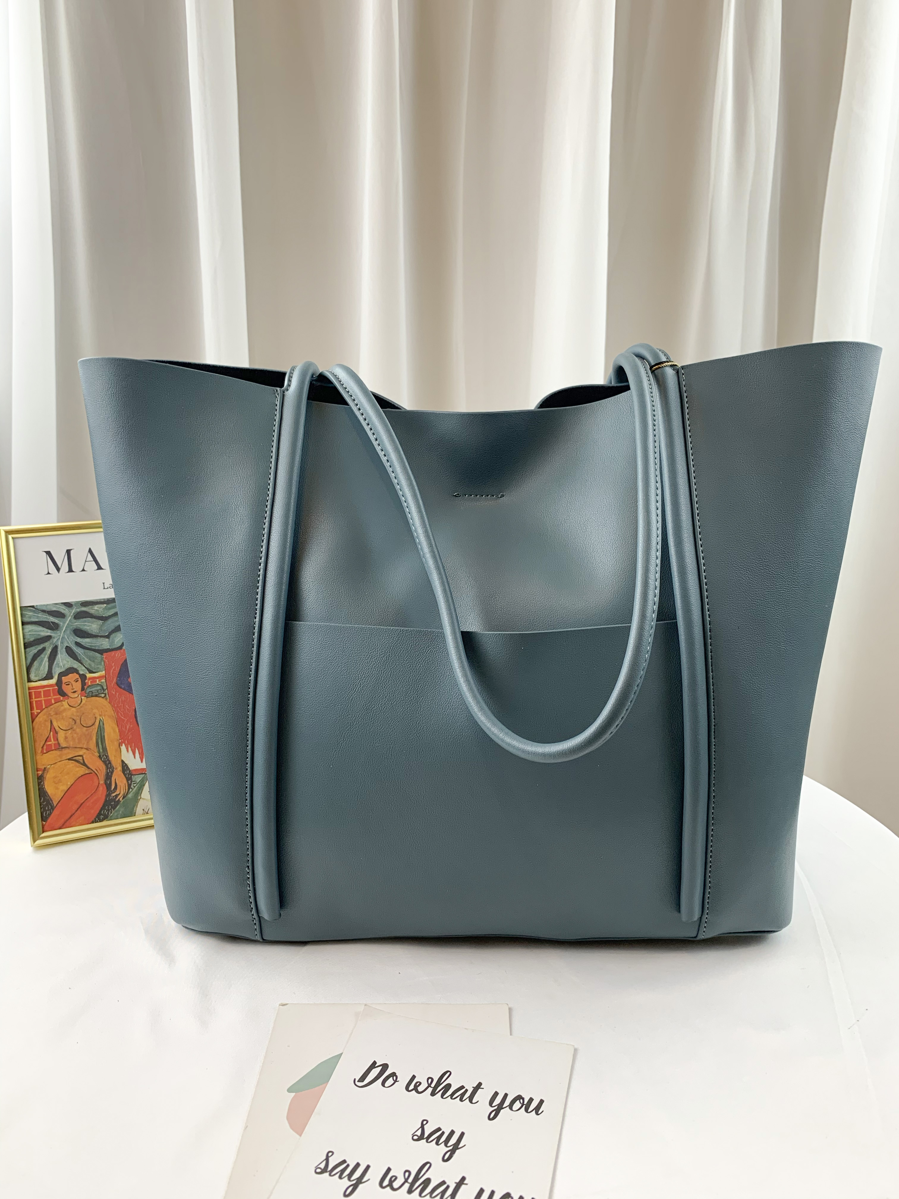 湖水藍 真皮牛皮手提托特包 附袋中袋 #SM-8502