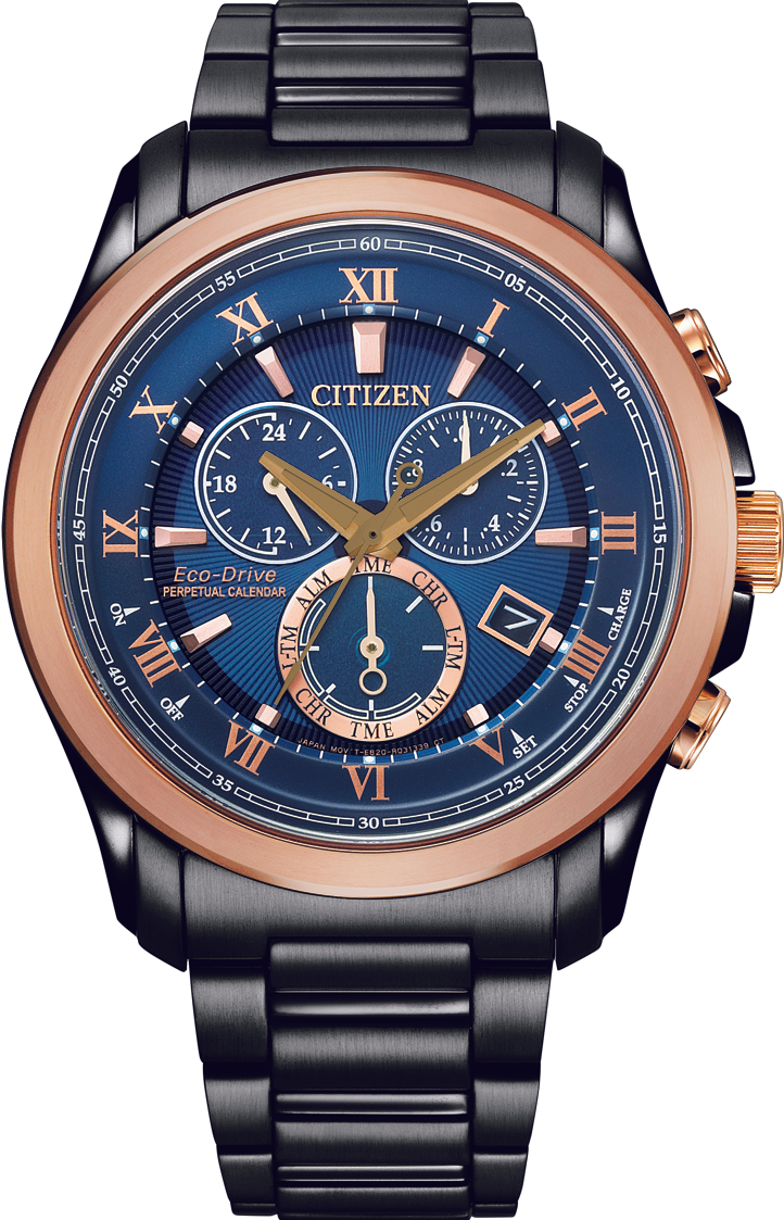 萬年鐘錶 - Citizen 星辰錶   光動能系列  萬年曆 藍面玫瑰金框不鏽鋼男錶  BL5546-81L  錶徑43MM