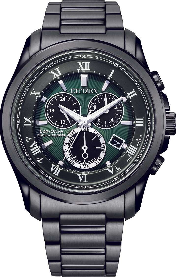 萬年鐘錶 - Citizen 星辰錶   光動能系列  萬年曆 全黑綠面不鏽鋼男錶  BL5547-89X  錶徑43MM