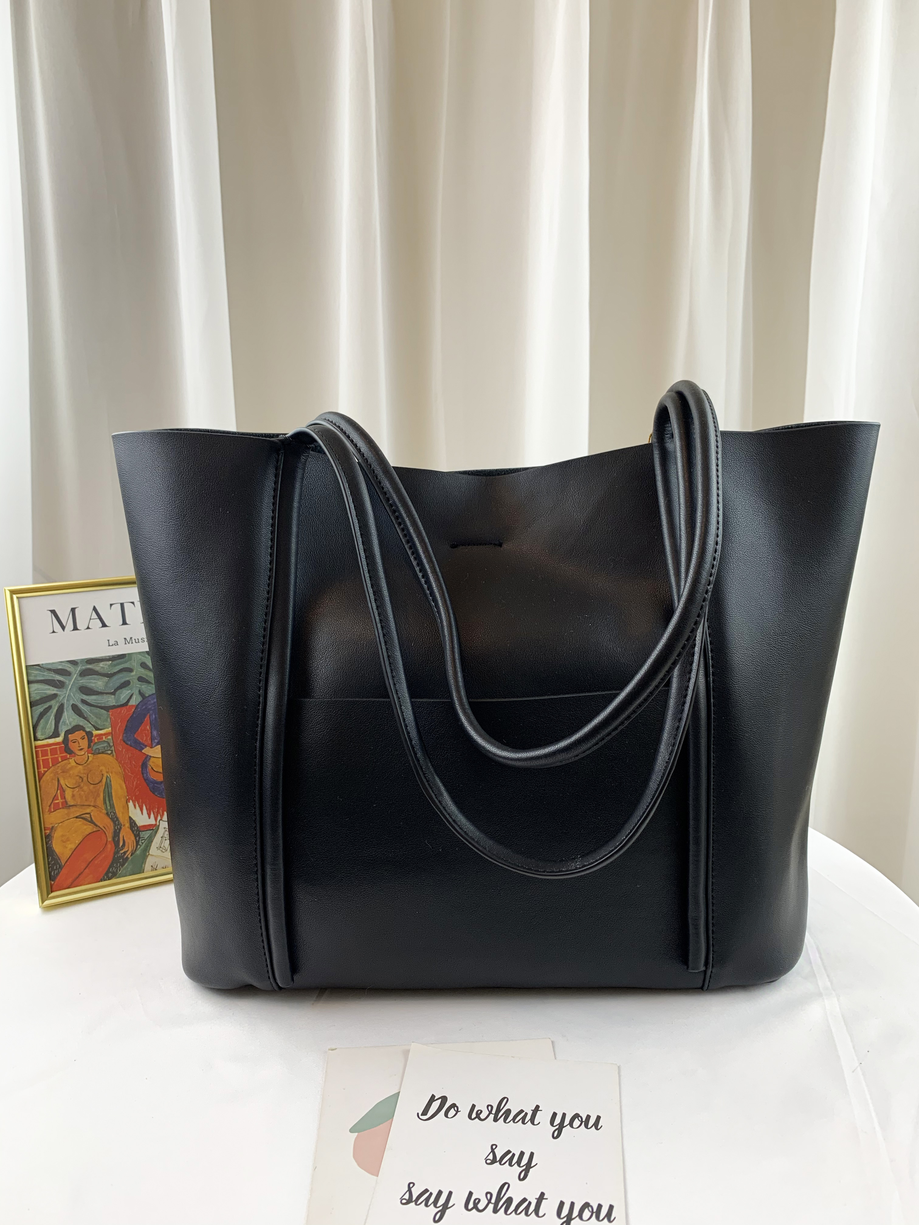 高級黑 真皮牛皮手提托特包 附袋中袋 #SM-8502