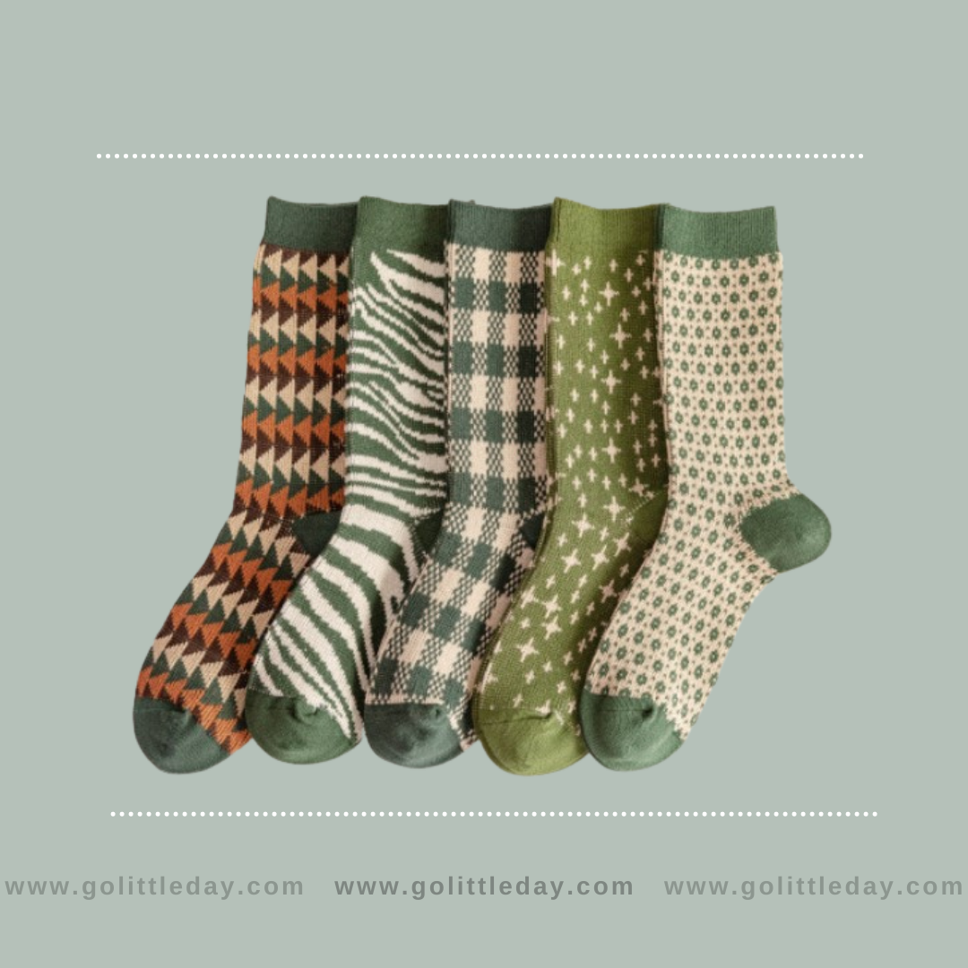 韓國復古小清新綠色女裝中筒襪 | 一套五對 | 幾何圖形 | 波浪 | 方格 (逢星期日截單後7-14個工作天發貨)