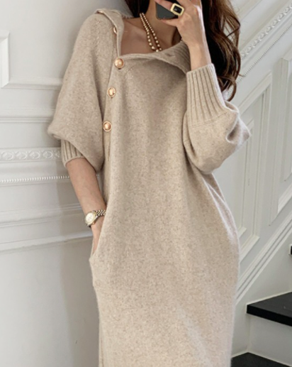 ᴷᴼᴿᴱᴬ 🇰🇷  <現貨> 小貴婦金釦高領綁帶收腰針織長洋裝