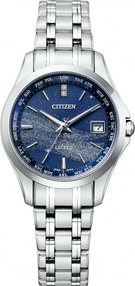 萬年鐘錶 - Citizen 星辰錶  EXCEED 系列 銀河藍面盤鈦金屬光動能電波萬年曆女錶  EC1120-59M  錶徑29MM