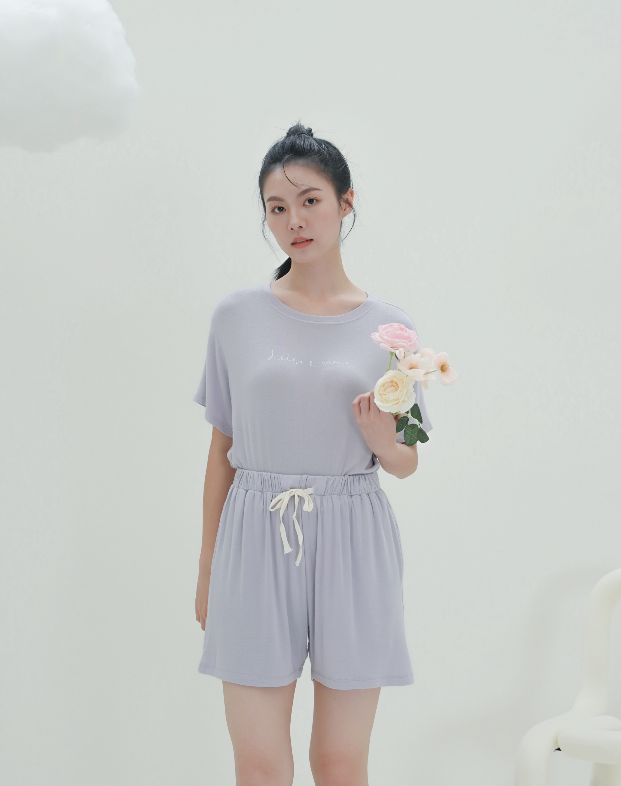 抽繩居家短褲 - 淡紫