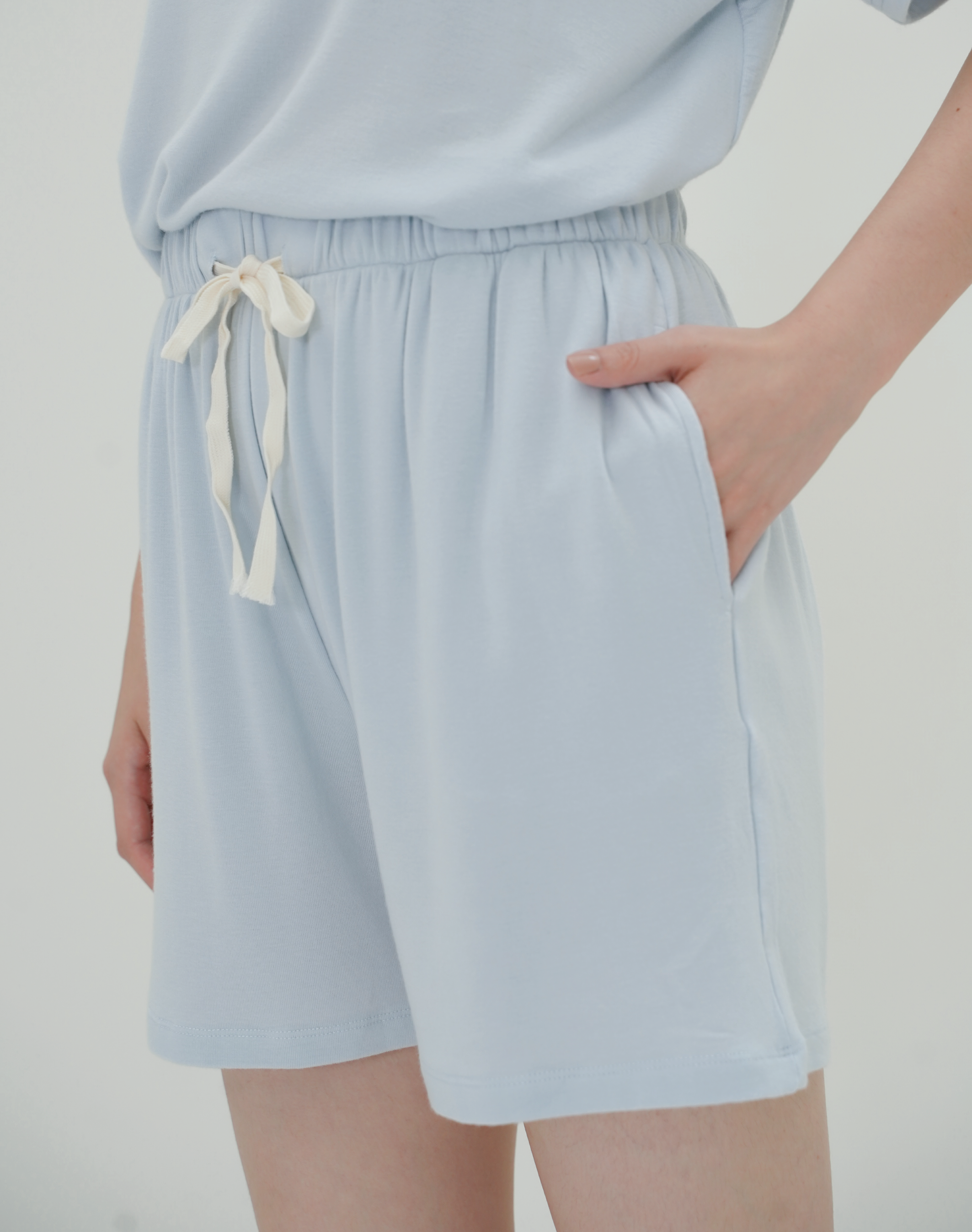 抽繩居家短褲 - 淡藍