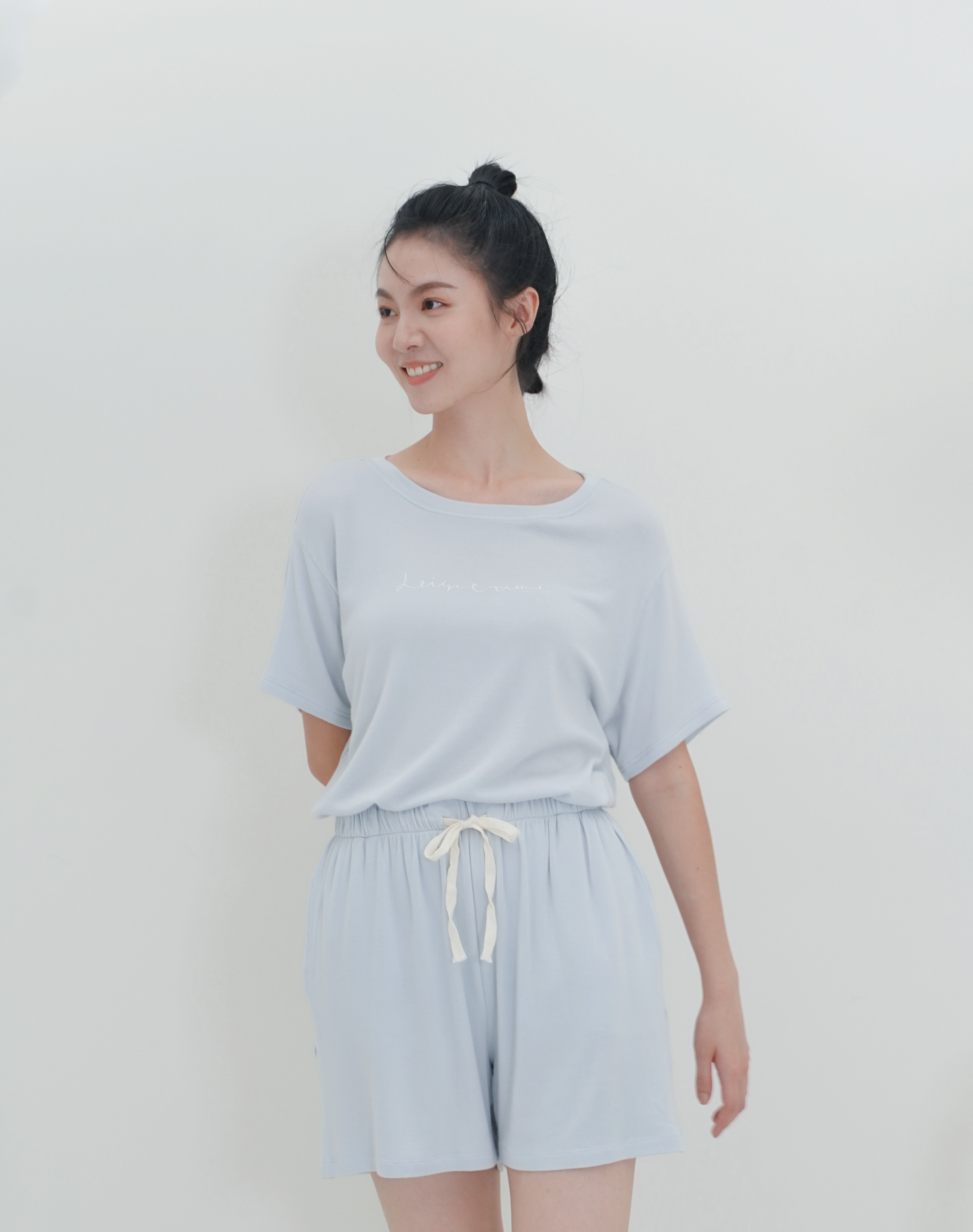 抽繩居家短褲 - 淡藍