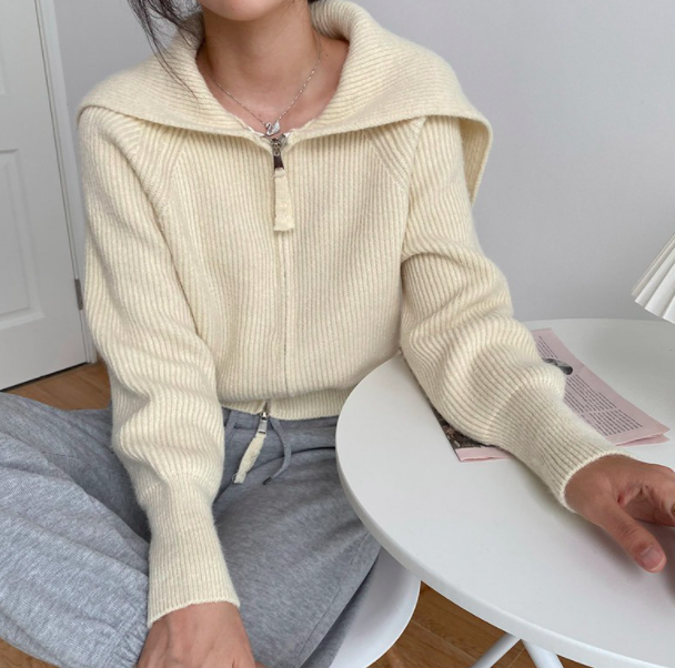 ᴷᴼᴿᴱᴬ 🇰🇷   韓國大翻領直條雙拉鍊兩穿針織毛衣外套 （四色）